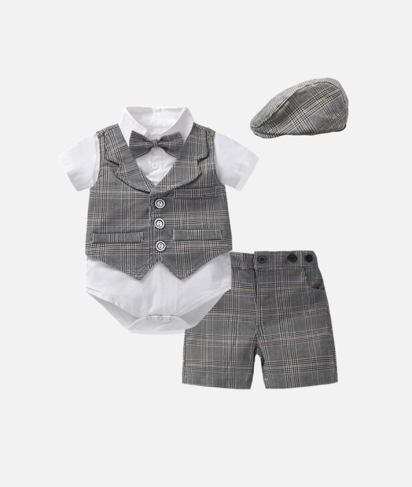 Baby Boys Formal Plaid Suit – Vest, Shorts and Bowtie Outfit