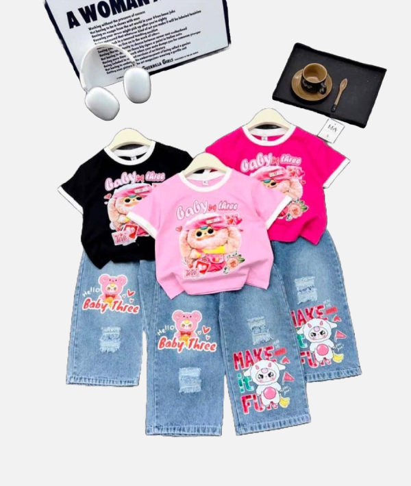 “Baby Three” Animal Graphic T-Shirt & Distressed Jeans Sets