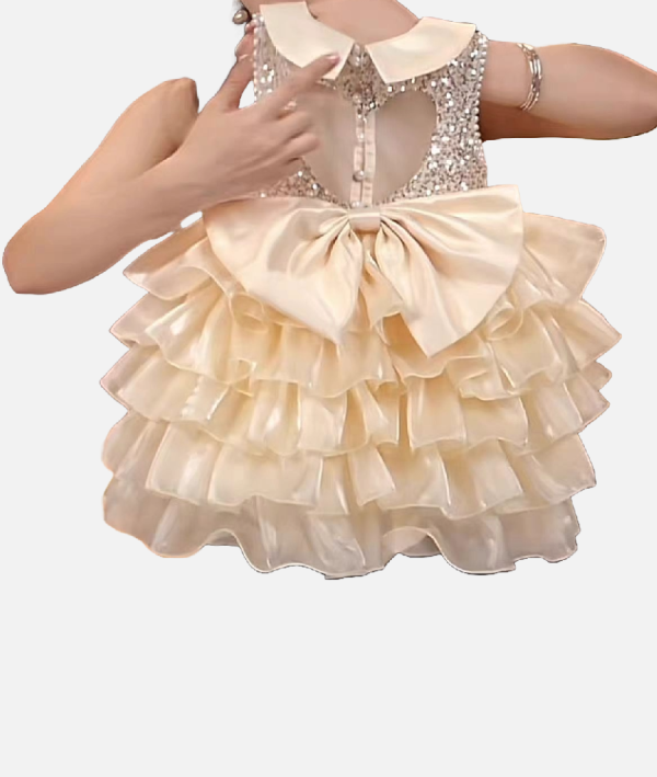 Elegant Ivory Sequin & Ruffled Backless Dress for Girls