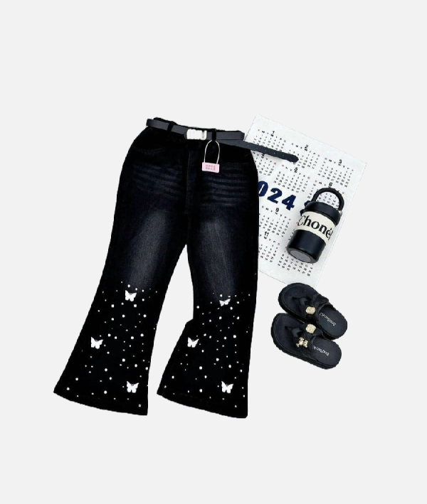 Girls Butterfly Print Flare Jeans – Trendy Black Denim