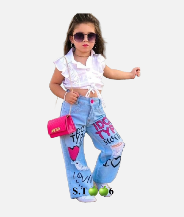 Girls Fashion Denim and Blouse Set – Printed Ripped Jeans and White Top