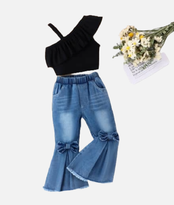 Girls’ One-Shoulder Ruffle Top & Bow-Accent Flare Jeans Set