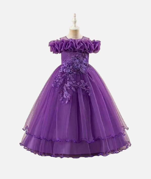 Girls Ruffled and Embroidered Tulle Princess Gown