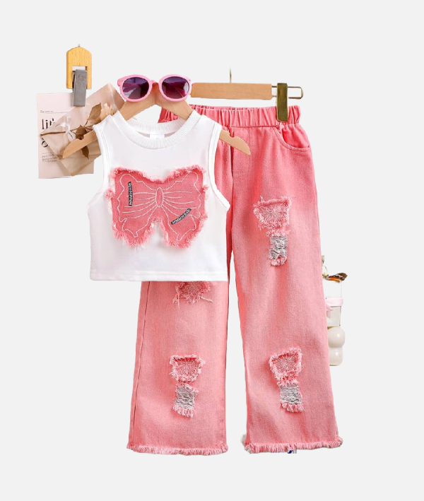 Girls Stylish Pink Denim Outfit Ripped Jeans and Bow Tank Top Set