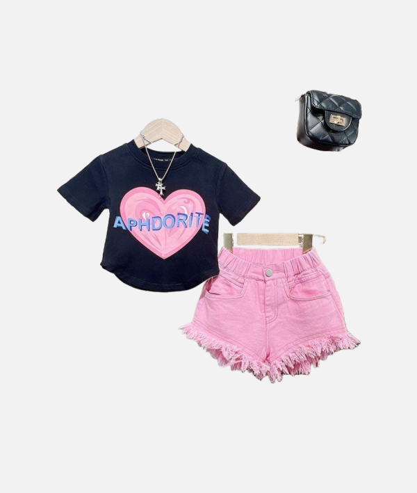Girls Summer Denim and T-Shirt Set Heart Print Top and Fringe Shorts