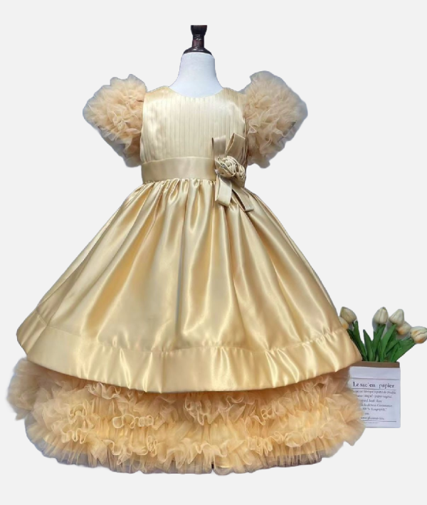 Golden Princess Party Dress with Ruffled Sleeves