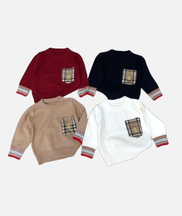 Kids Crew Neck Sweater Plaid Pocket and Cuff Detail