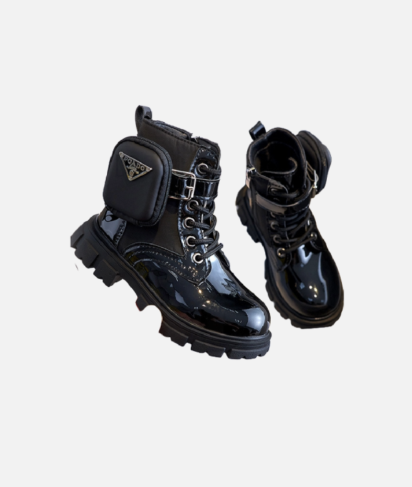 Kids Fashion Combat Boots – Shiny Patent Leather with Pouch