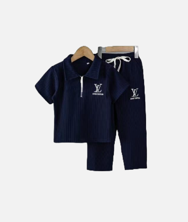 Kids Ribbed Zip Polo Shirt and Pants Set Casual Two-Piece Outfit