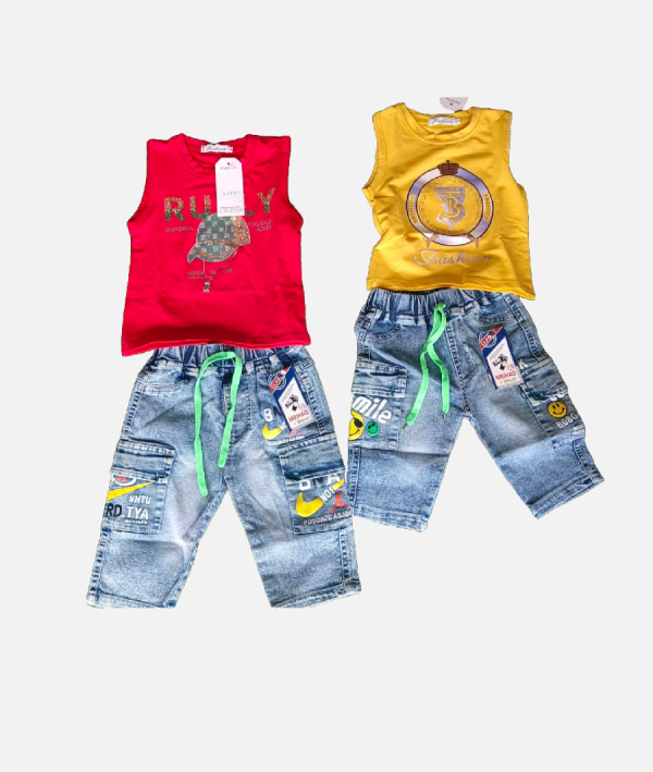 Kids Summer Denim Outfit Graphic Tank Top and Cargo Shorts Set