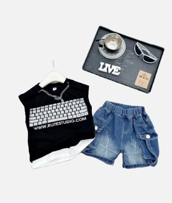 “RUTESTUDIO” Keyboard Print Vest & Cargo Shorts Set