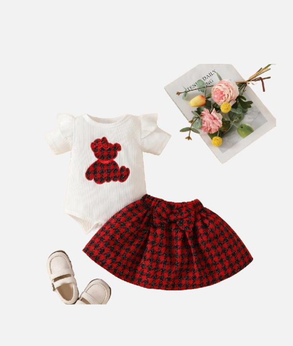 Toddler Girls Bear Romper and Plaid Skirt Set