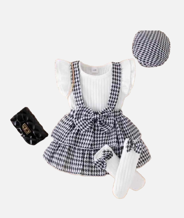 Toddler Girl’s Dogtooth Bow Dress Set – Matching Hat and Socks