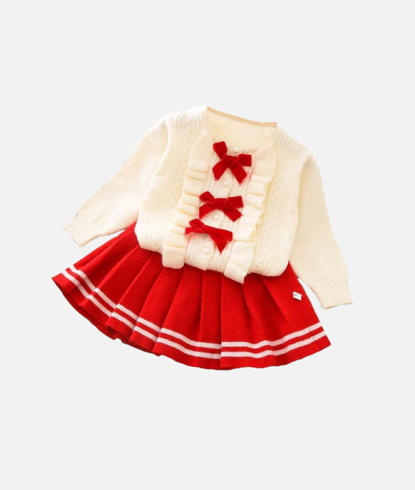 Toddler Girl’s Red Bow Sweater and Skirt Set