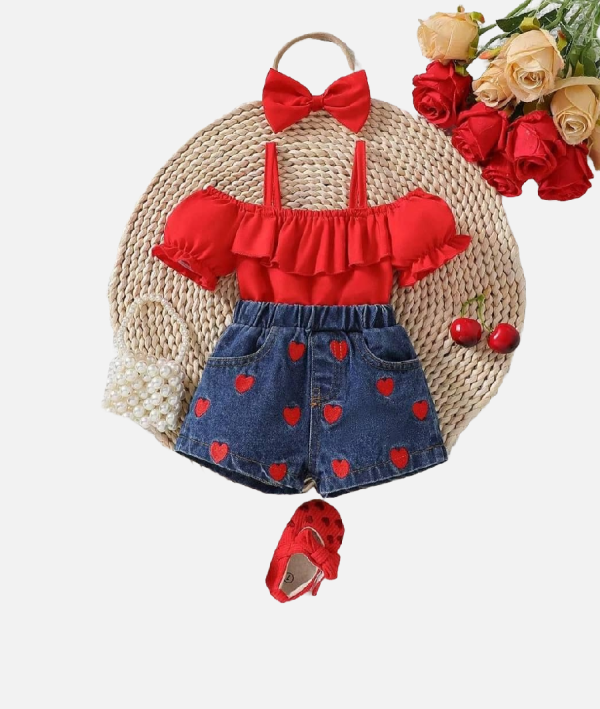 Toddler Girls Strawberry Outfit Off Shoulder Top and Denim Shorts Set