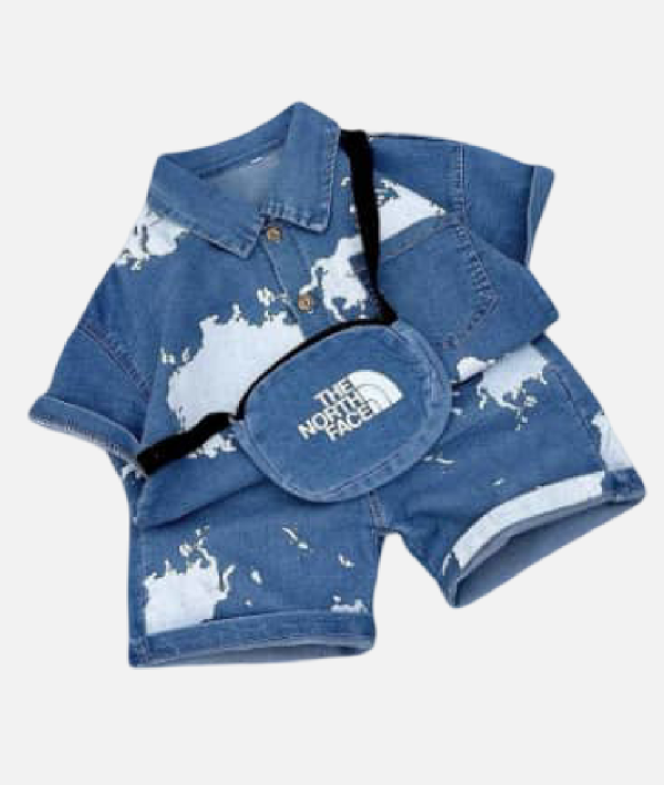 World Map Print Denim Shirt & Shorts Set with Sling Bag