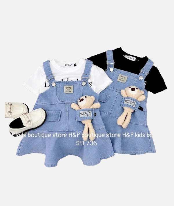 Adorable Kids Denim Overall Dress With Teddy Bear Keychain Tee Set