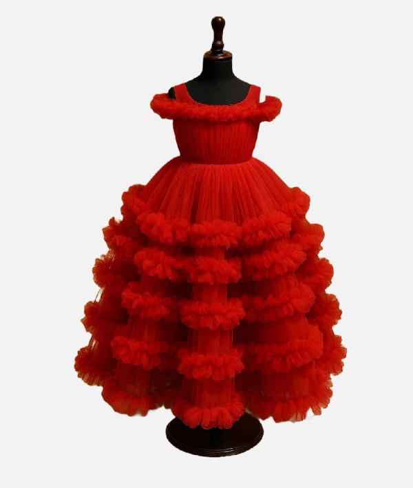 Bold Red Tiered Tulle Ball Gown For Girls