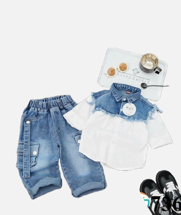 Boys Casual Denim White Contrast Shirt With Shorts Set