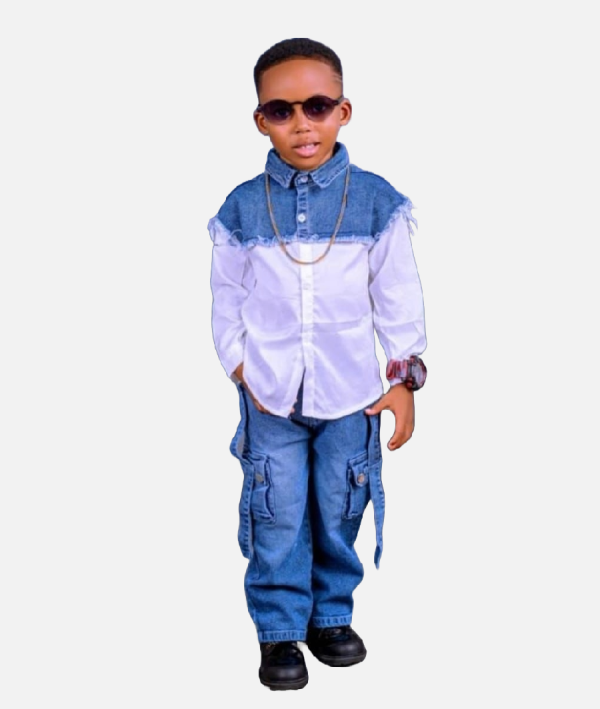 Boys Trendy Denim White Contrast Shirt With Cargo Jeans Set