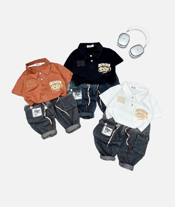 Boys Trendy Polo Shirt Dark Denim Cargo Shorts Set