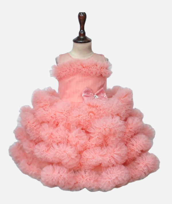 Girls Baby Pink Tiered Tulle Party Dress With Glitter Bow