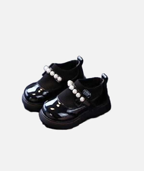 Girls Black Patent Leather Mary Jane Shoes With Pearl Strap