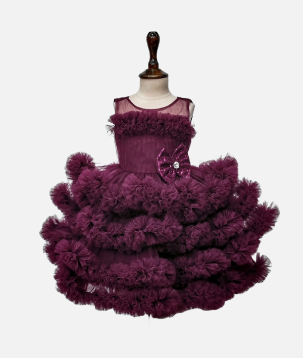 Girls Elegant Maroon Tiered Tulle Party Dress With Glitter Bow