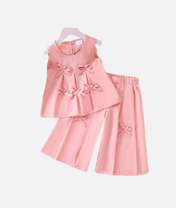 Girls Pink Sleeveless Top Wide Leg Trouser Set With Bow Accents