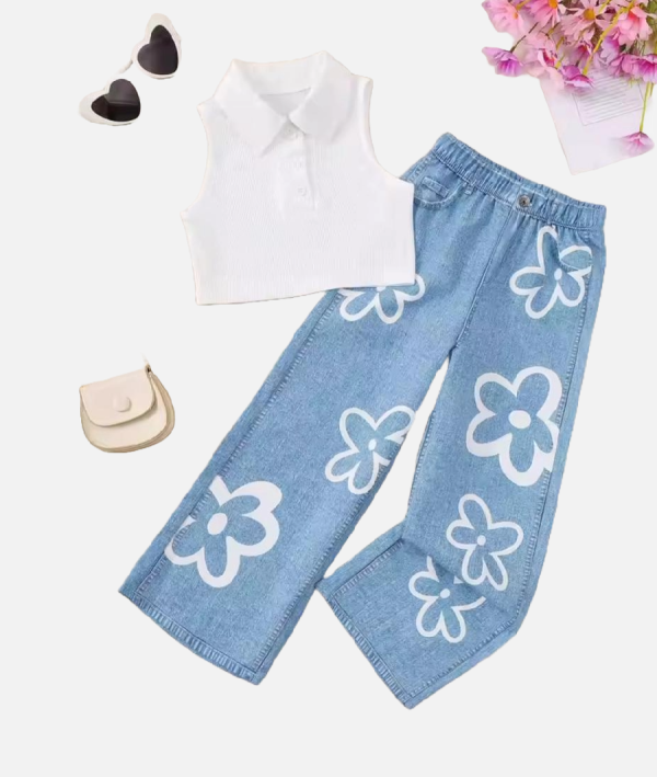 Girls Stylish Floral Print Denim Jeans White Crop Top Set