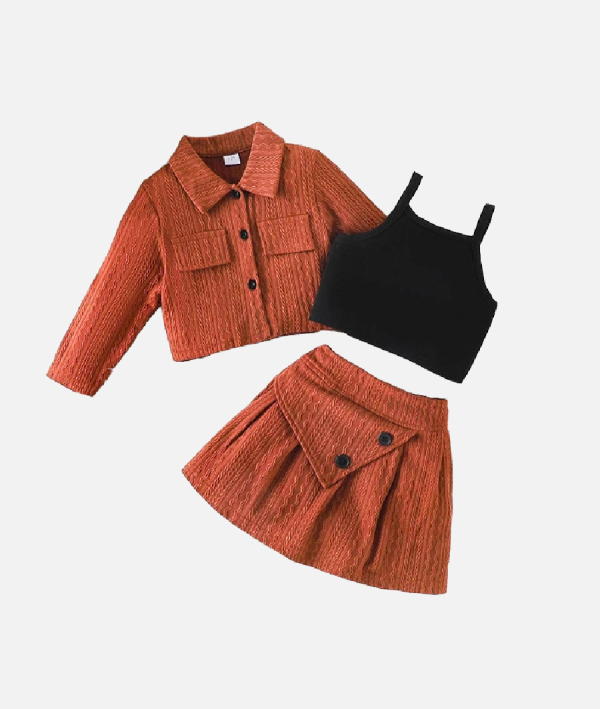 Girls Terracotta Cropped Jacket Black Tank Top Skirt Set