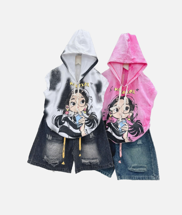 Kids Cartoon Graphic Hooded Vest Distressed Denim Shorts Set