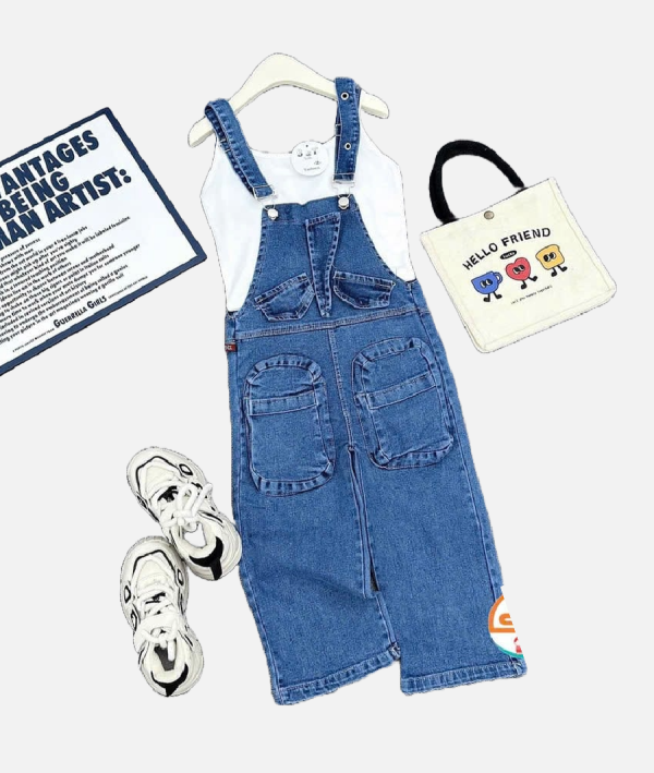 Trendy Kids Denim Overalls With White Tee Hello Friend Bag