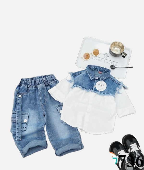 Trendy Kids Denim White Contrast Shirt With Cargo Shorts Set