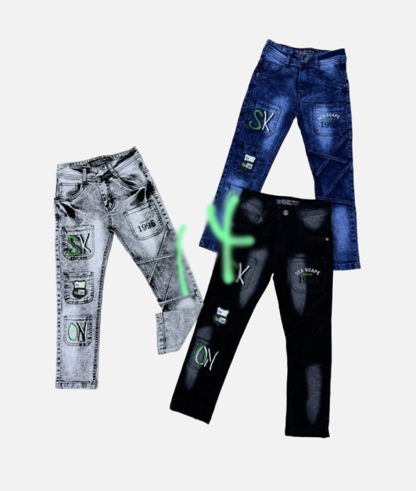 Quality Teenage’s SK Fashion Graffiti Jeans – Distressed Denim Trousers with Print. Age 6-15yrs. Color: Ash and Blue