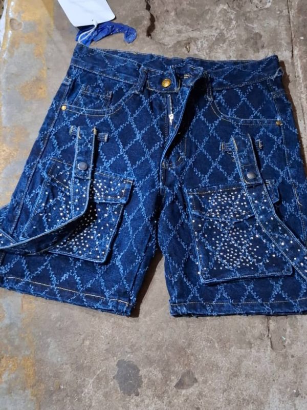 High Quality Baggy Dust Stone Denim Shorts Featuring Traditional Many Pocket – Vintage Blue